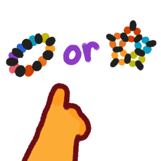 A yellow finger pointing towards a black and rainbow kandi bracelet next to a purple or sign and a black and rainbow kandi star